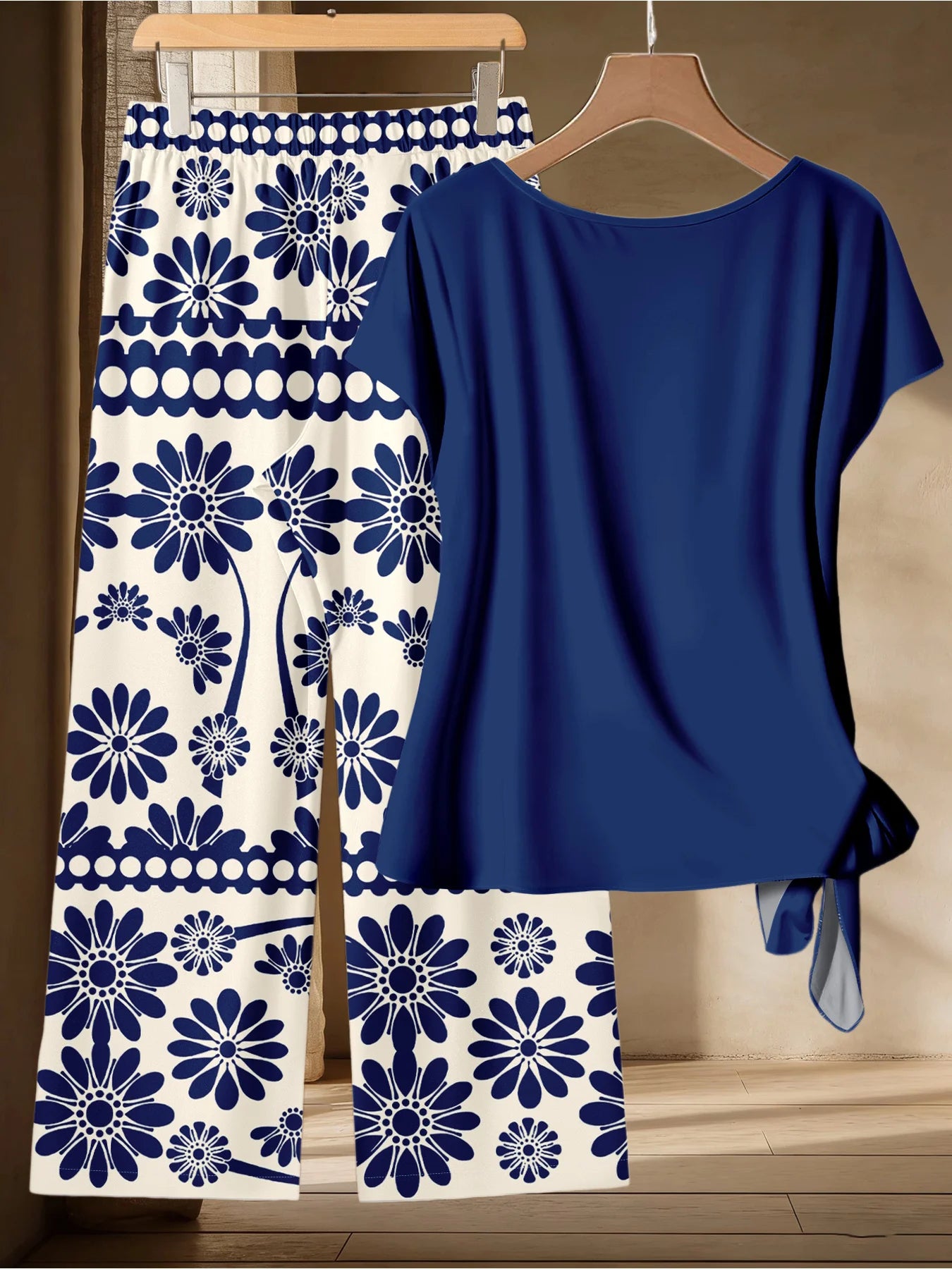 Plus Size Navy Side-Tie Top & Blue Floral Wide-Leg Pants 2-Piece Set – Casual Summer Outfit Bazaare Mart 2pc Pants Set