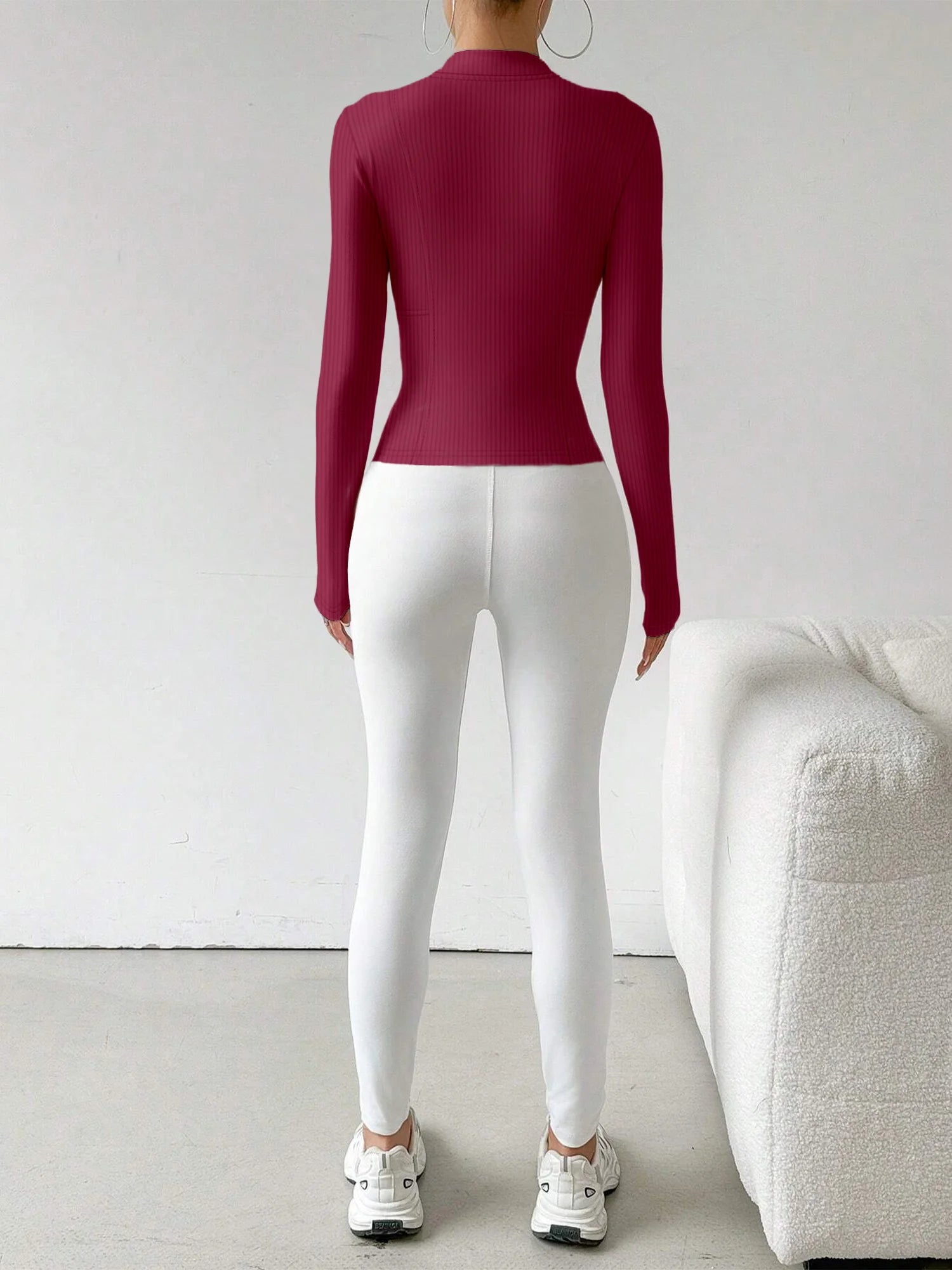 Ribbed Knit Zip-Up Crop Active Fit Jacket with Stand Collar