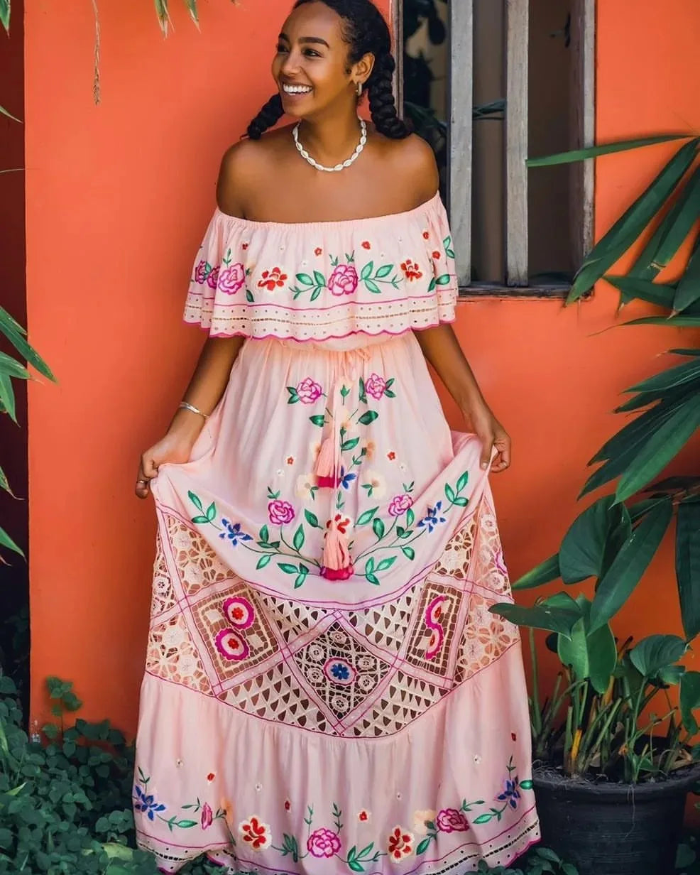 Off-shoulder Long Ruffled Peasant Dress