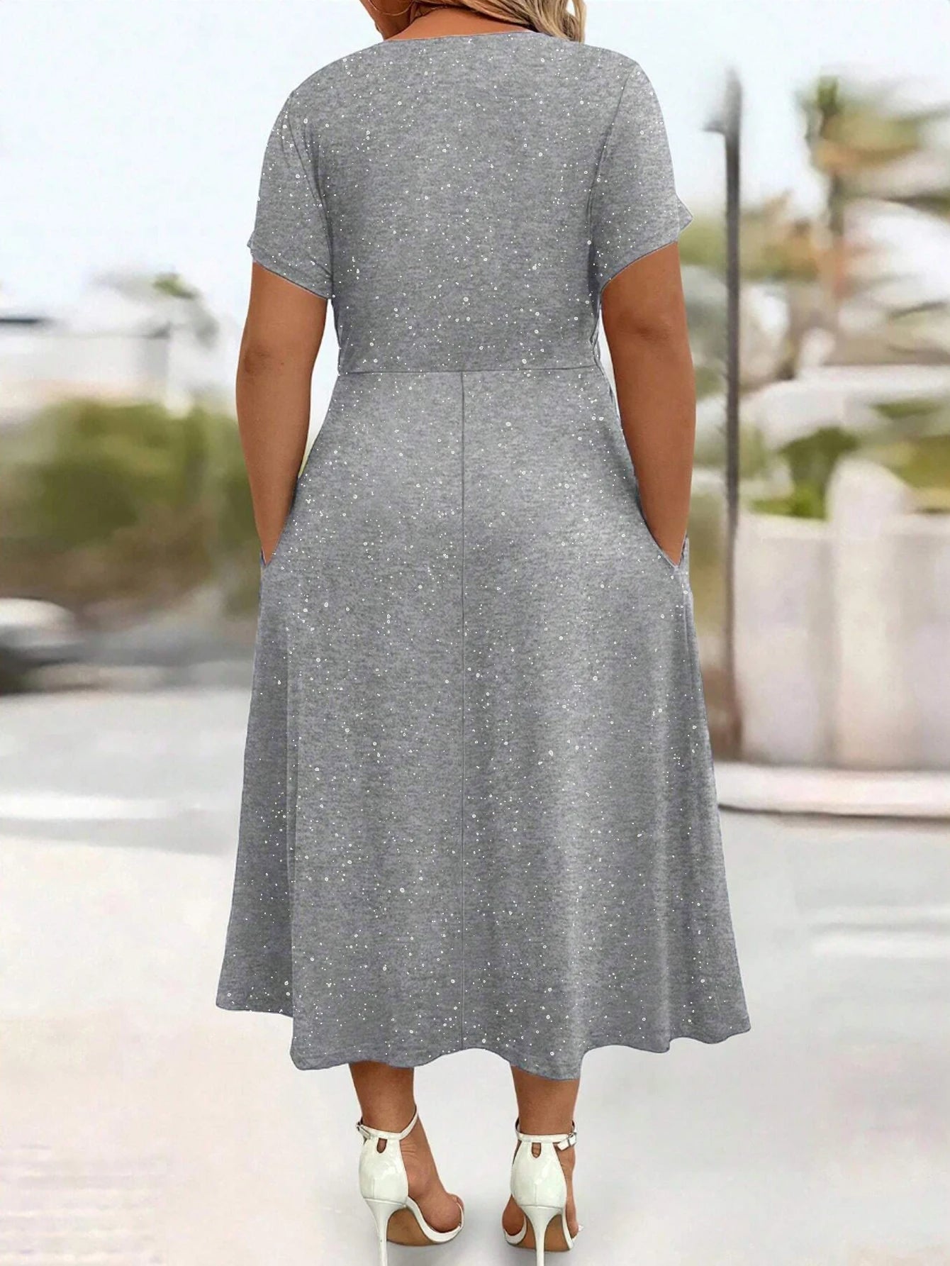 Powder Sprinkled Twisted Knot with Pockets V-neck Dress Bazaare Mart Plus Size Short Sleeve Midi Dress