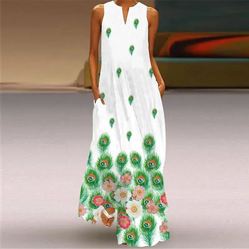 Women's Sleeveless Floral Maxi Dress with Pockets – Casual V-Neck Summer Beach Dress Green Peacock China Mainland Bazaare Mart Floral Maxi Dresses