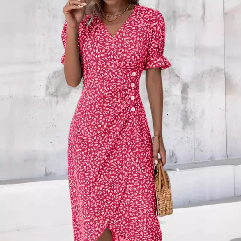 Elegant Printed Puff Sleeve V-neck Wrap Dress