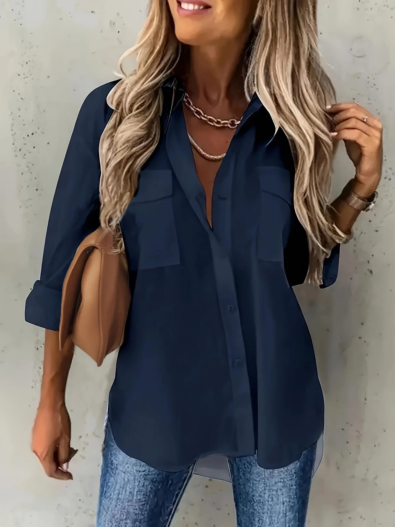 Solid Color Long Rolled Sleeve Button Up Shirt