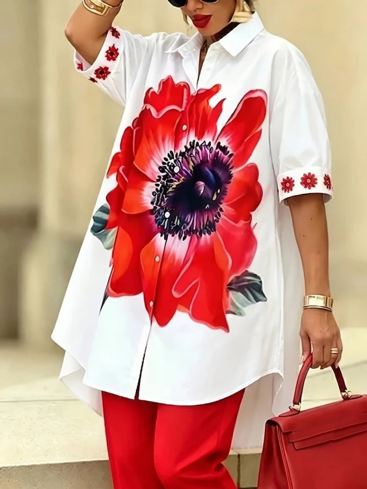 Women's Bold Floral Button-Up Shirt & Capri Pants 2-Piece Set – Elegant Summer Outfit Bazaare Mart Capris Outfit