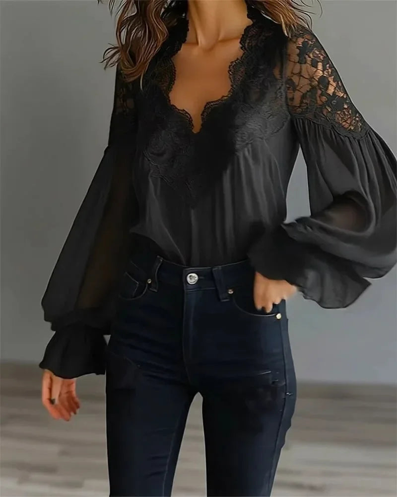 Lace-Trim V-Neck Chiffon Blouse with Long Puff Sleeves