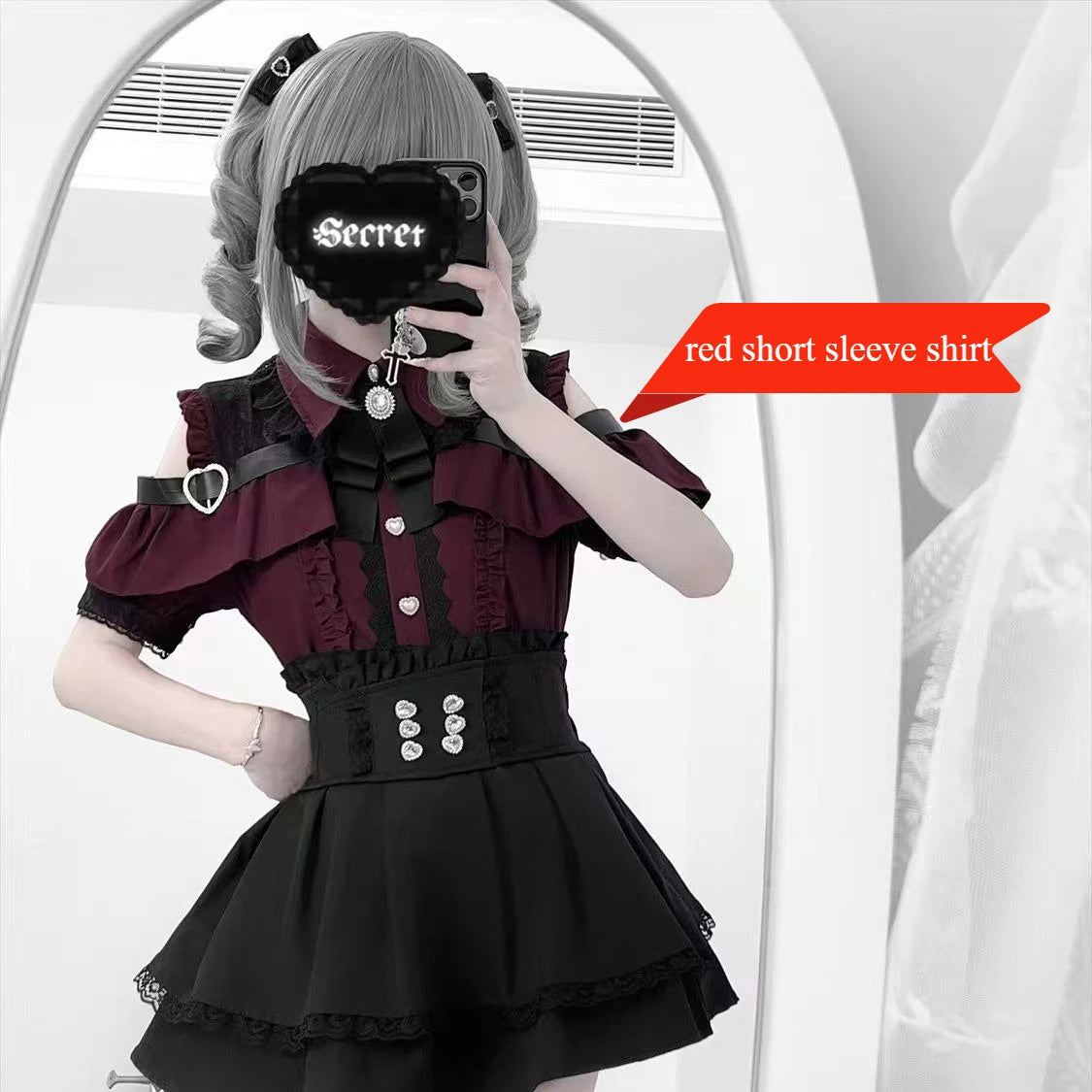 Dark Sweet Heart Ground Type Lolita Set, Ruffle Sleeve Top & A-line Skirt, Cute Kawaii Japanese Style Gothic Coord Outfit S-XL short sleeve shirt 3 Bazaare Mart