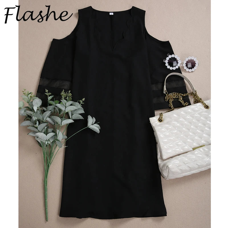 Summer Cold-Shoulder V Neck Stripe Mesh Sleeve Dress Bazaare Mart Black V-Neck Dress