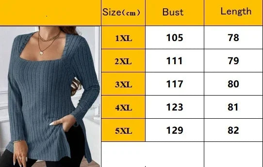 Plus Size New Autumn and Winter 1XL-5XL Women's Fashion Solid Color Sweater Ladies Square Neck Long Sleeved Casual Top Bazaare Mart