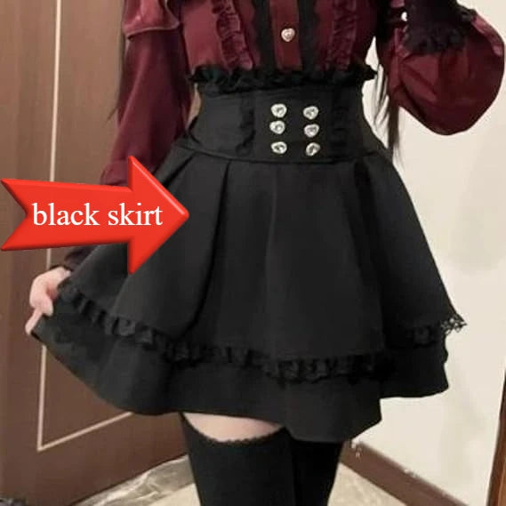 Dark Sweet Heart Ground Type Lolita Set, Ruffle Sleeve Top & A-line Skirt, Cute Kawaii Japanese Style Gothic Coord Outfit S-XL black skirt Bazaare Mart