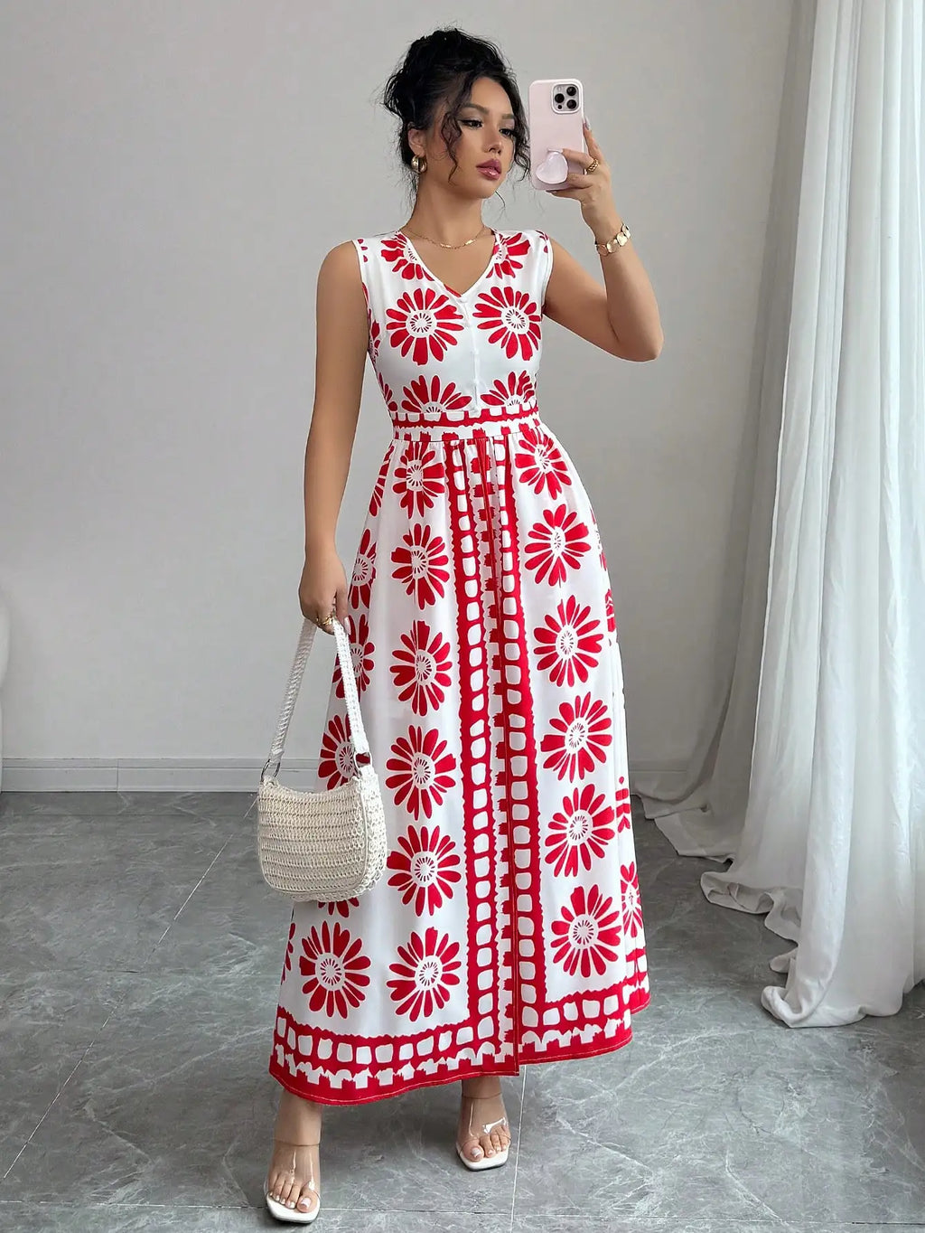 Boho Daisy Print 2-in-1 Jumpsuit – Sleeveless Maxi Overlay Vacation Romper