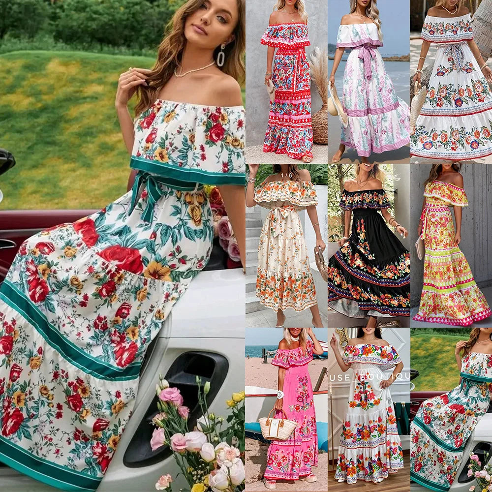 Collage of women wearing floral off-shoulder dresses in various settings.