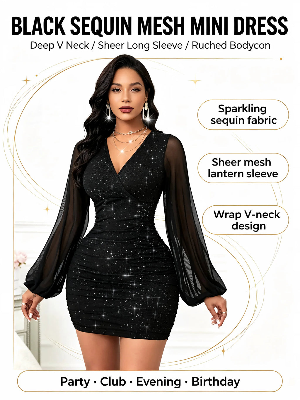 Women's Black Sequin Mini Dress with Sheer Mesh Sleeves – Ruched Bodycon Party Dress
