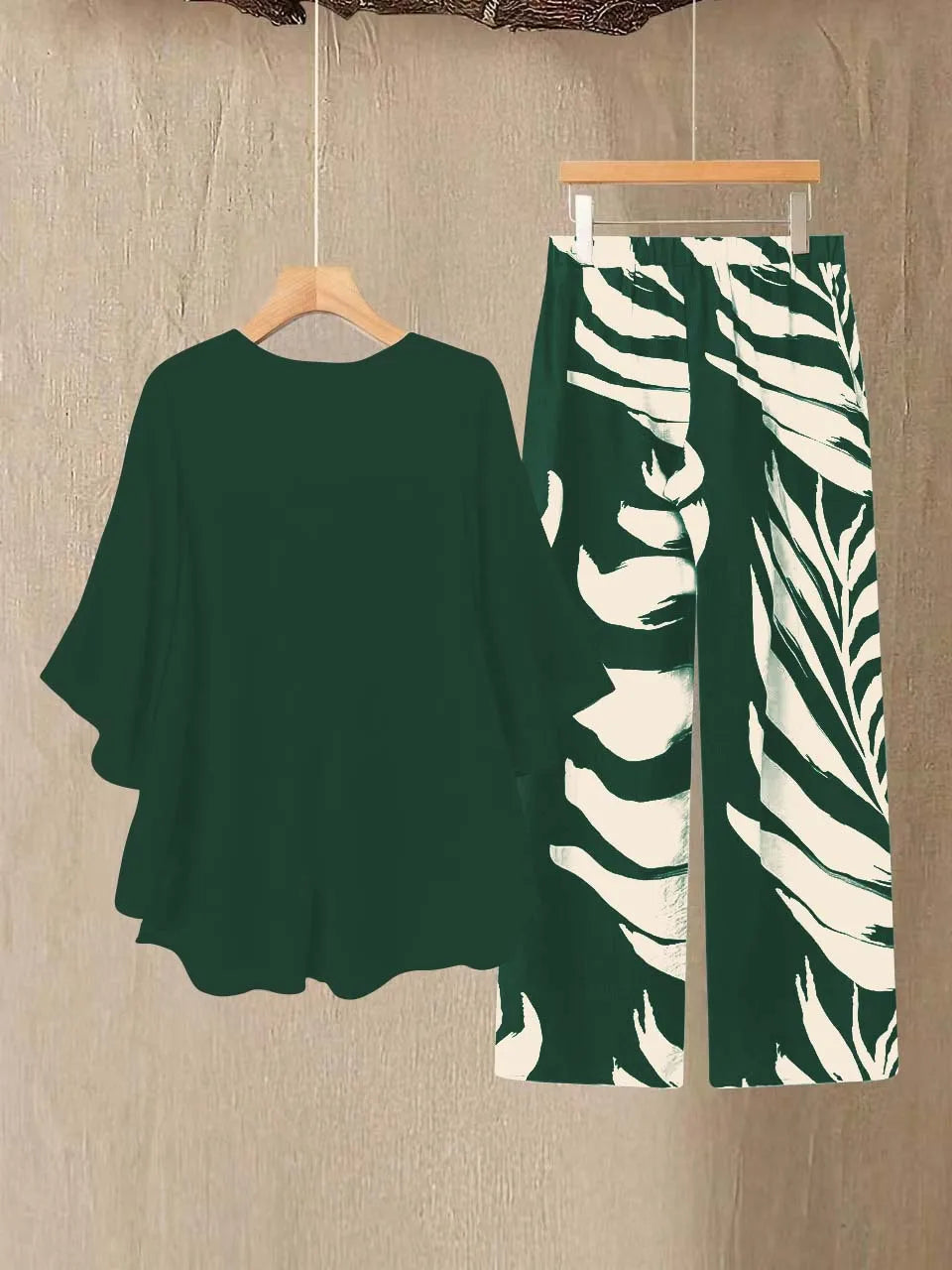 Women's Chiffon Overlay Top & Tropical Leaf Print Wide Leg Pants 2 Piece Set | Elegant Summer Resort Outfit Bazaare Mart 2 pc. Pants Outfit