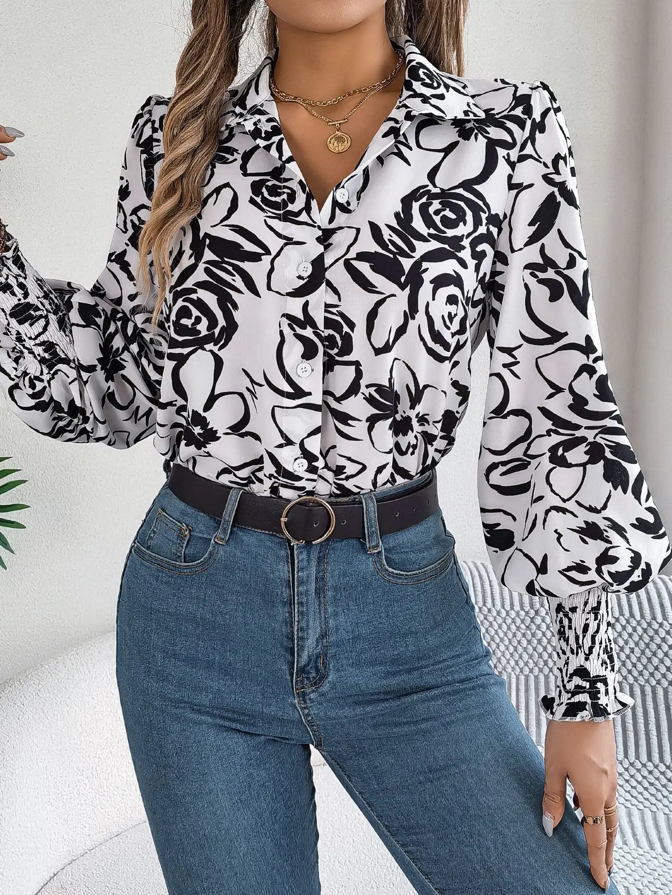 Floral Long Lantern Sleeve Flip Collar Blouse
