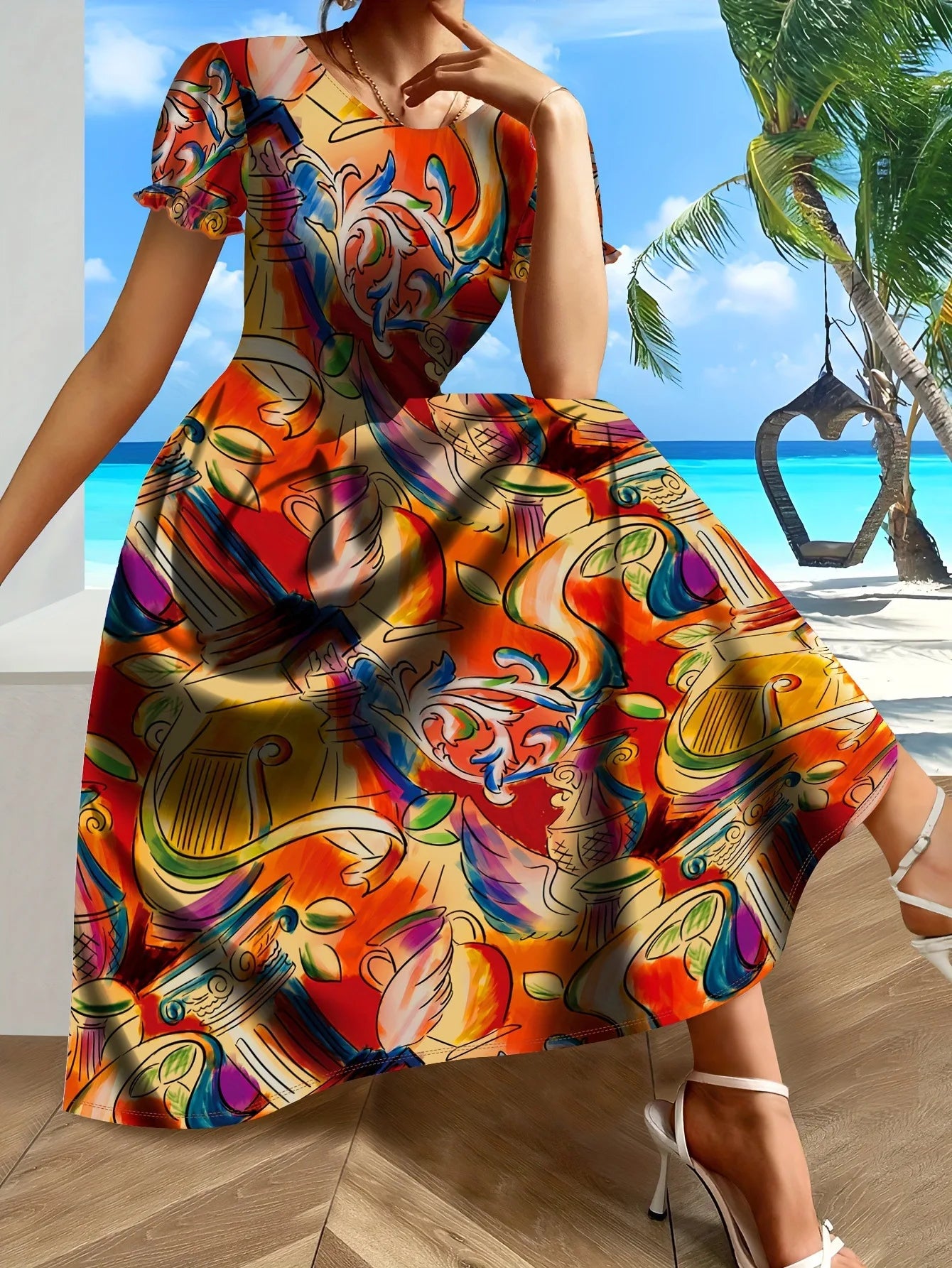 Short Sleeve Floral Midi Dress 441WD11JL20250722Y3 Bazaare Mart Midi Dresses