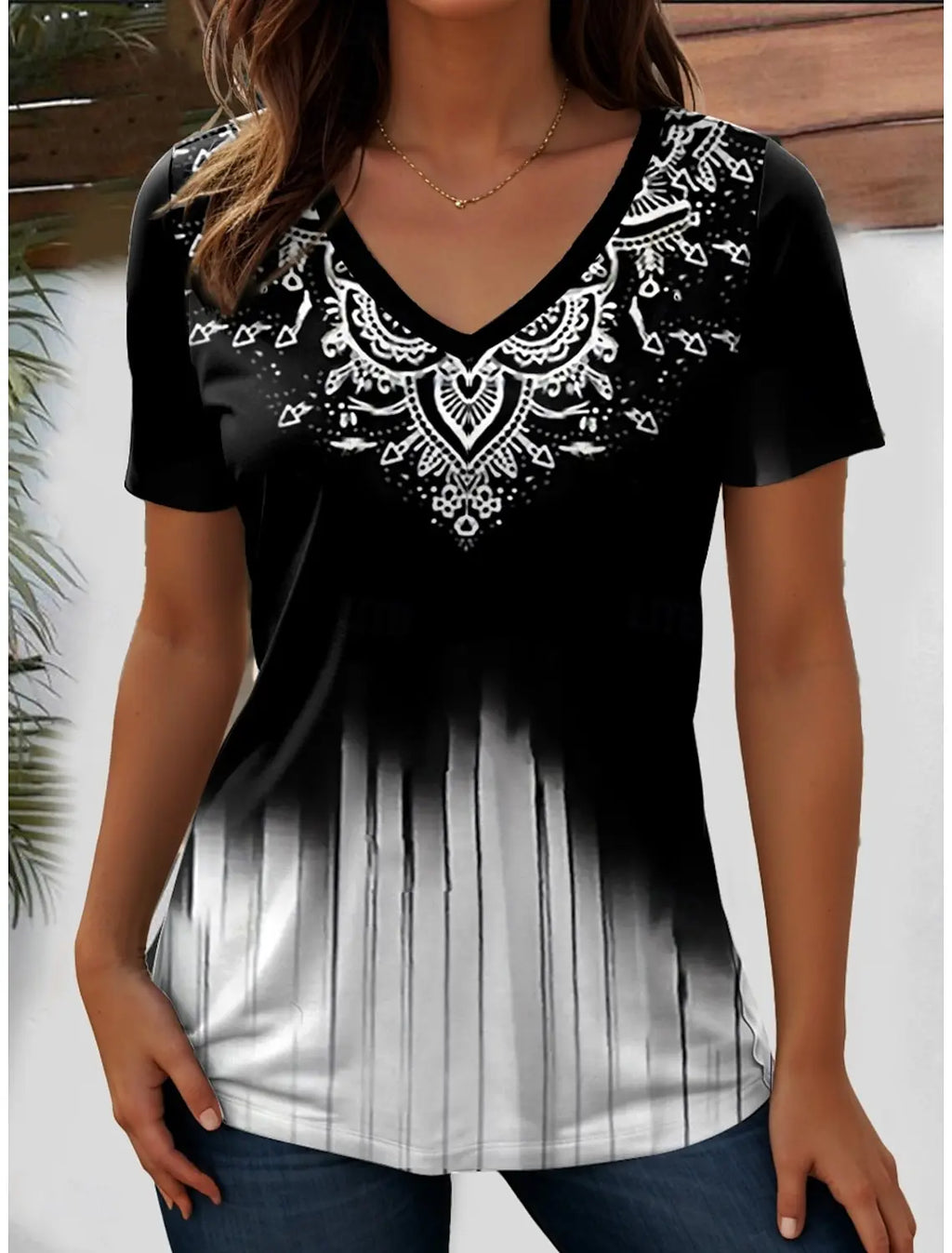Women's Western Floral V-Neck Graphic Tee | Vintage Boho Short Sleeve T-Shirt VTF66A202623126 Bazaare Mart Printed Tops
