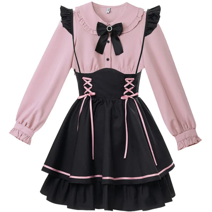 Jirai Kei 2 PCS Lolita Dress Set Pink Black Bow Ruffle Blouse Lace-up Skirt Japanese Japanese Harajuku Sweet Outfits for Women 2Pcs Set Bazaare Mart