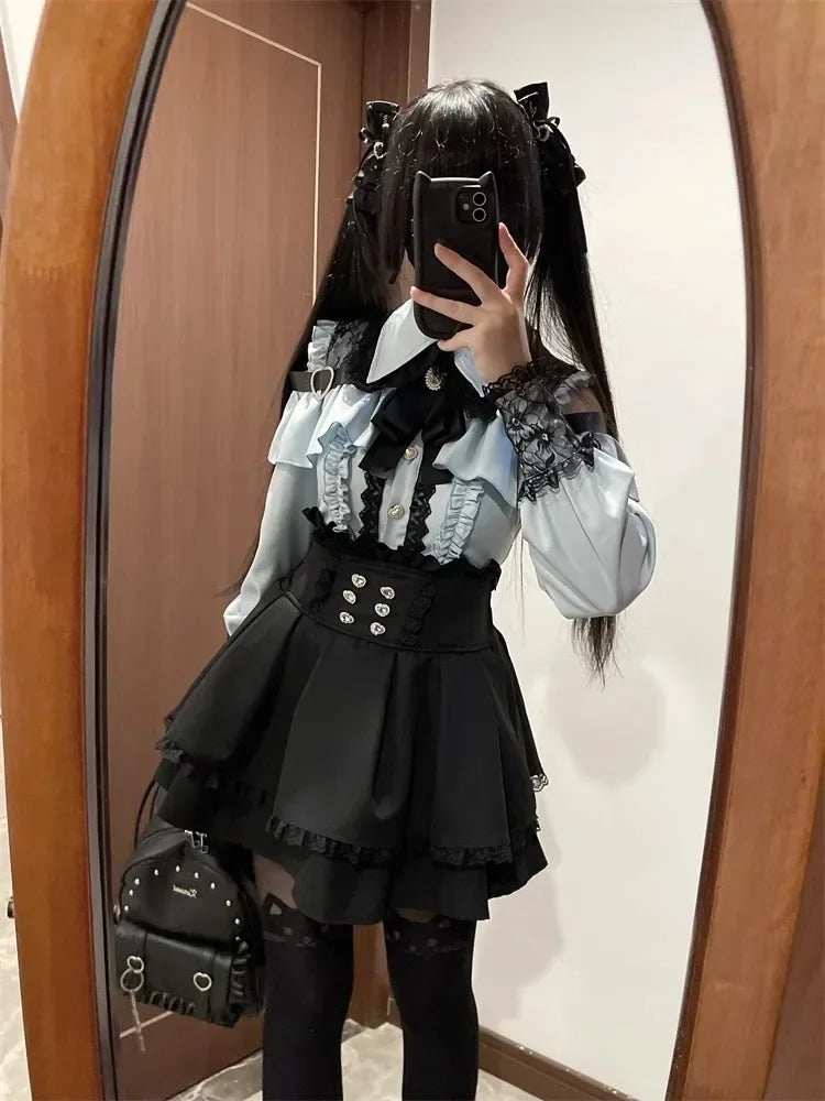 Dark Sweet Heart Ground Type Lolita Set, Ruffle Sleeve Top & A-line Skirt, Cute Kawaii Japanese Style Gothic Coord Outfit S-XL Bazaare Mart