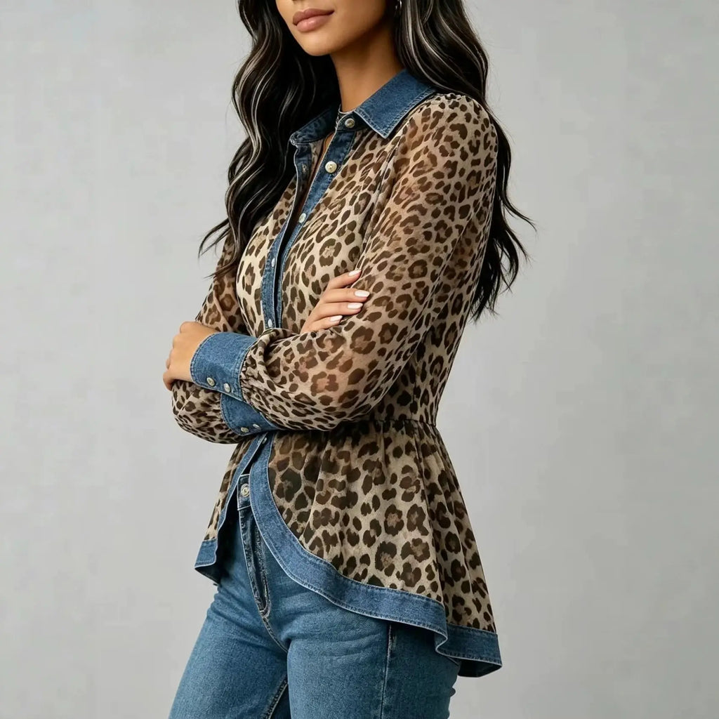 Leopard Print Chiffon Peplum Blouse with Denim Trim