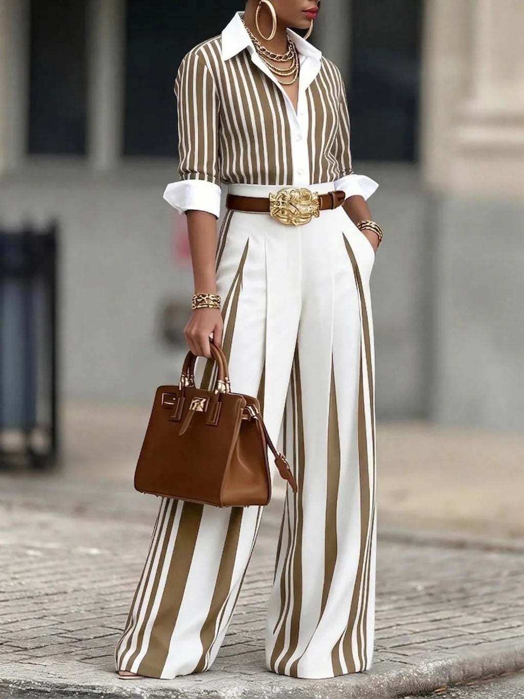 Striped Two-Piece Set – Button-Up Shirt & Wide-Leg Pants