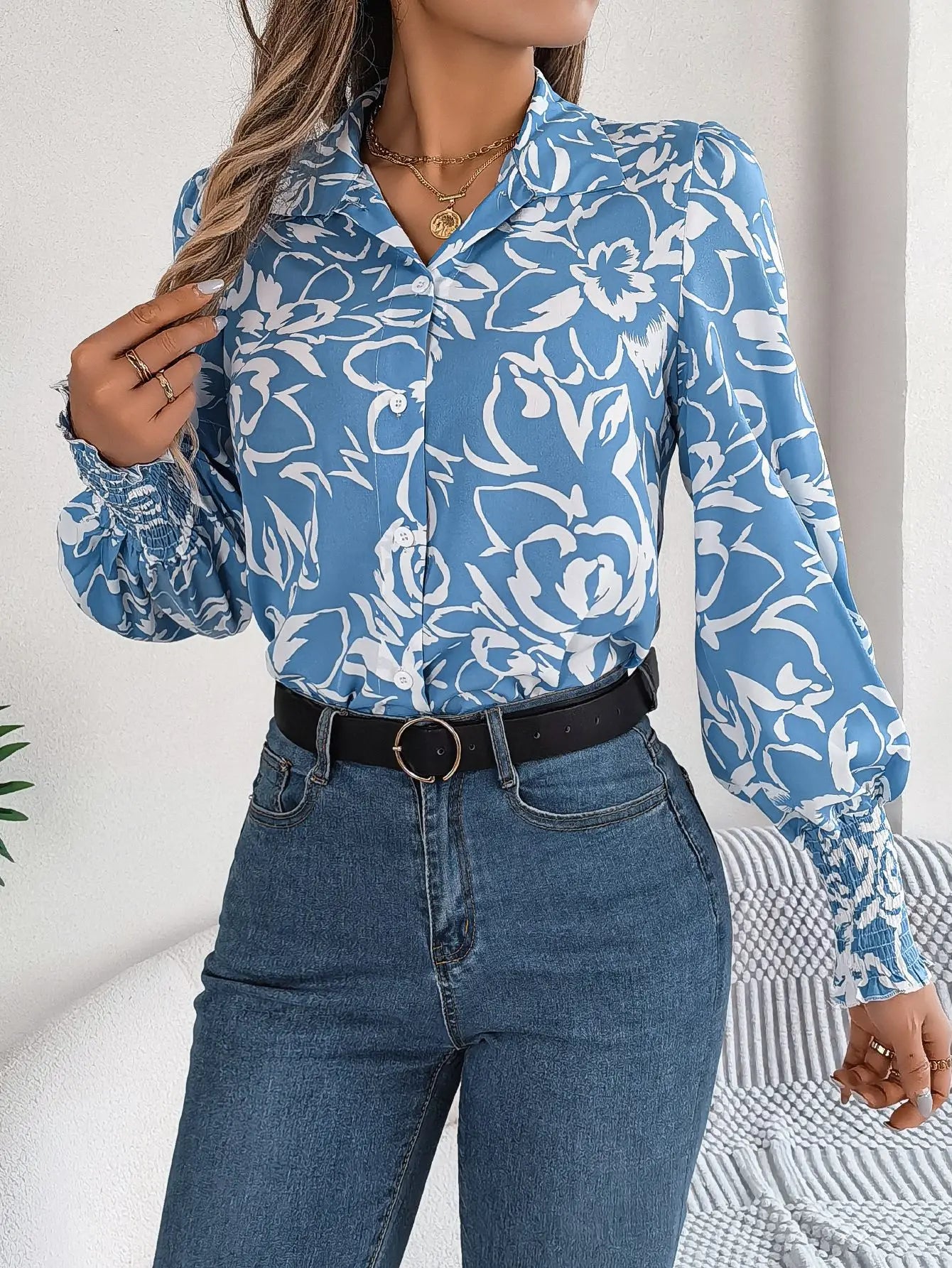 Floral Long Lantern Sleeve Flip Collar Blouse