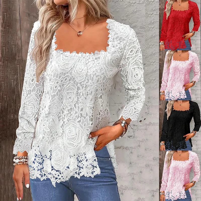U Collar Long Sleeve Lace Loose T-shirts Summer Women Lace Patchwork Hollow Out Baggy Tee Shirt Tops MYH-myh221 Bazaare Mart