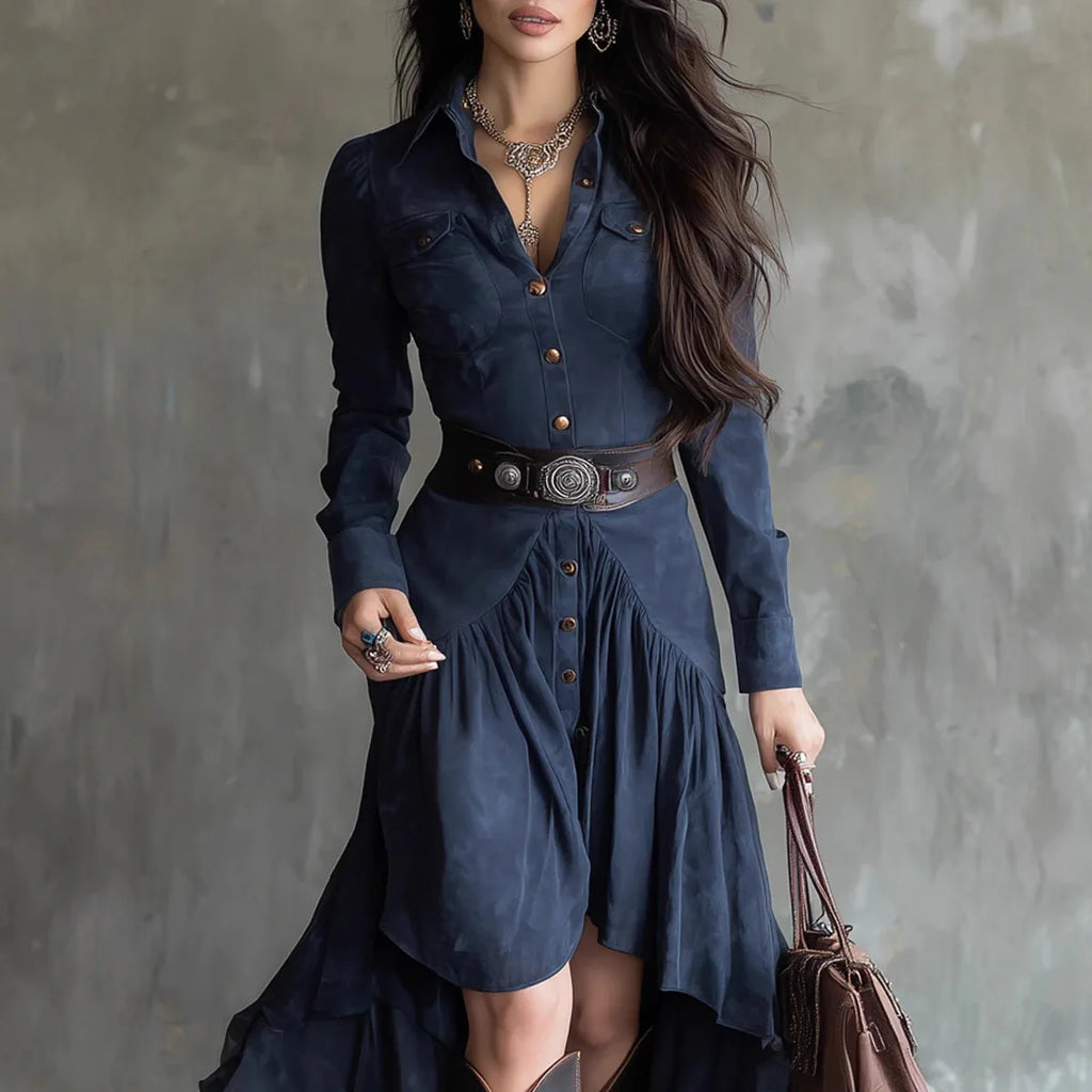 Western Style French Suede High Low Layered Dress with Belt