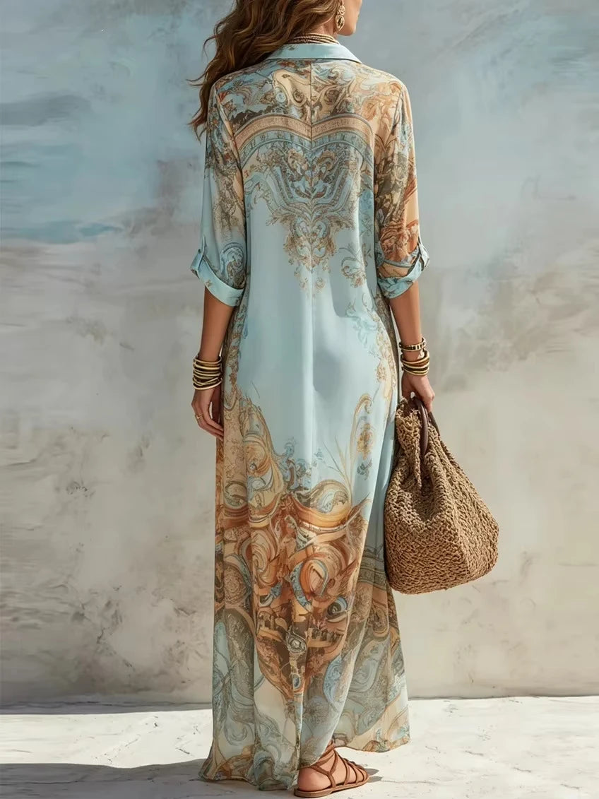 Elegant Printed Chiffon Maxi Shirt Dress