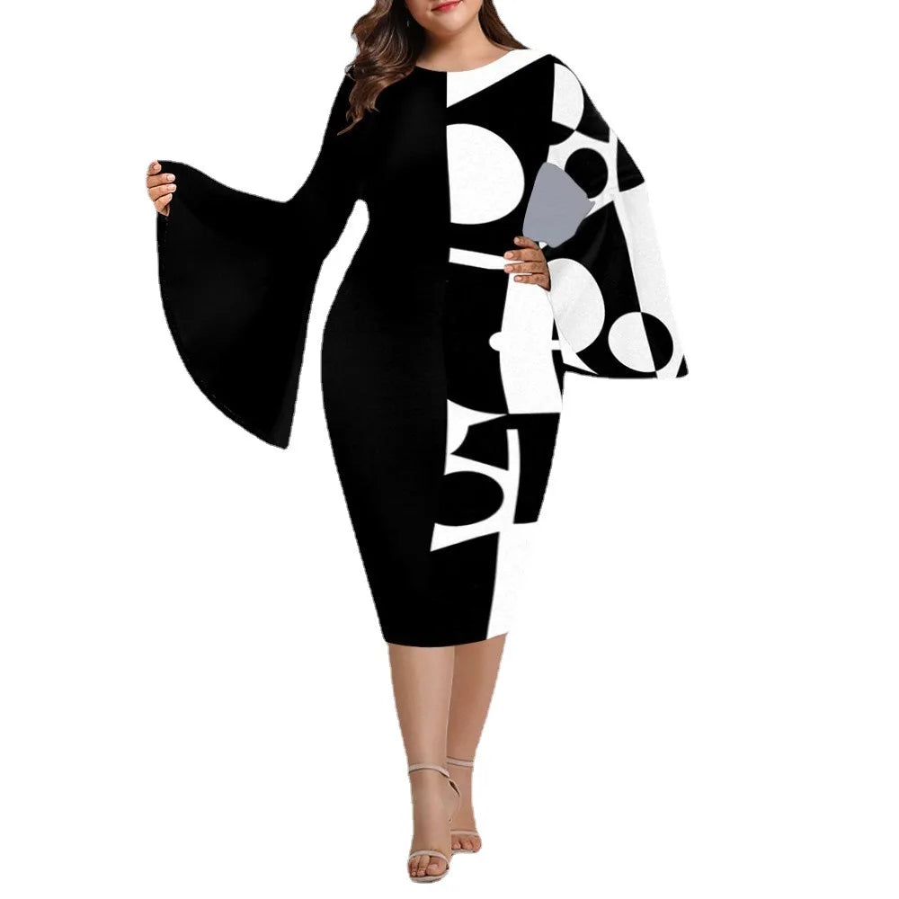 B&W Elegant Geo Print Party Dress