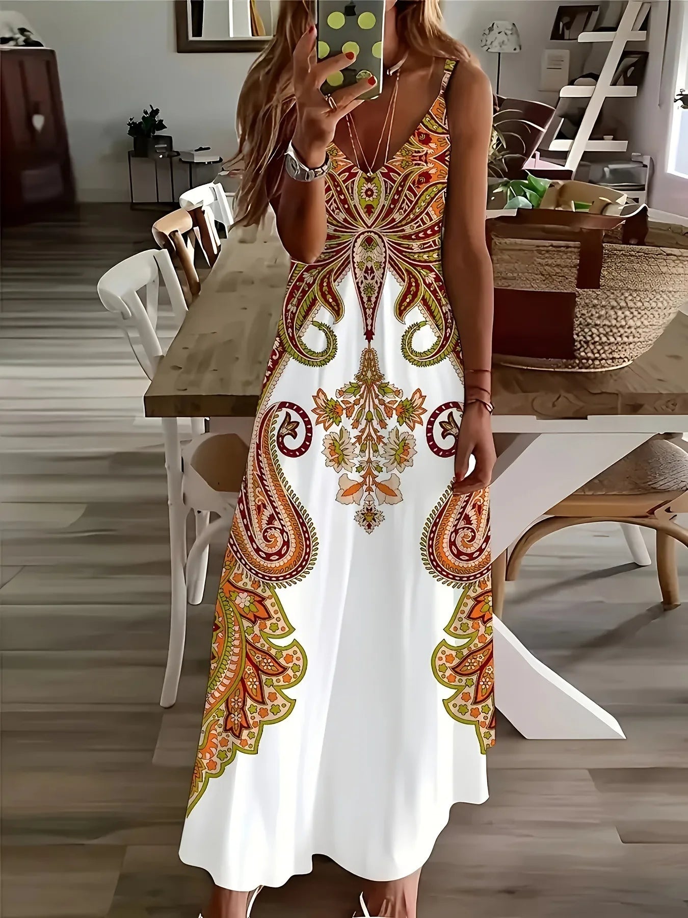 Bohemian Floral Maxi Dress – Elegant V-Neck Vacation Sundress for Women Colorful Bazaare Mart Sleeveless Maxi Dress