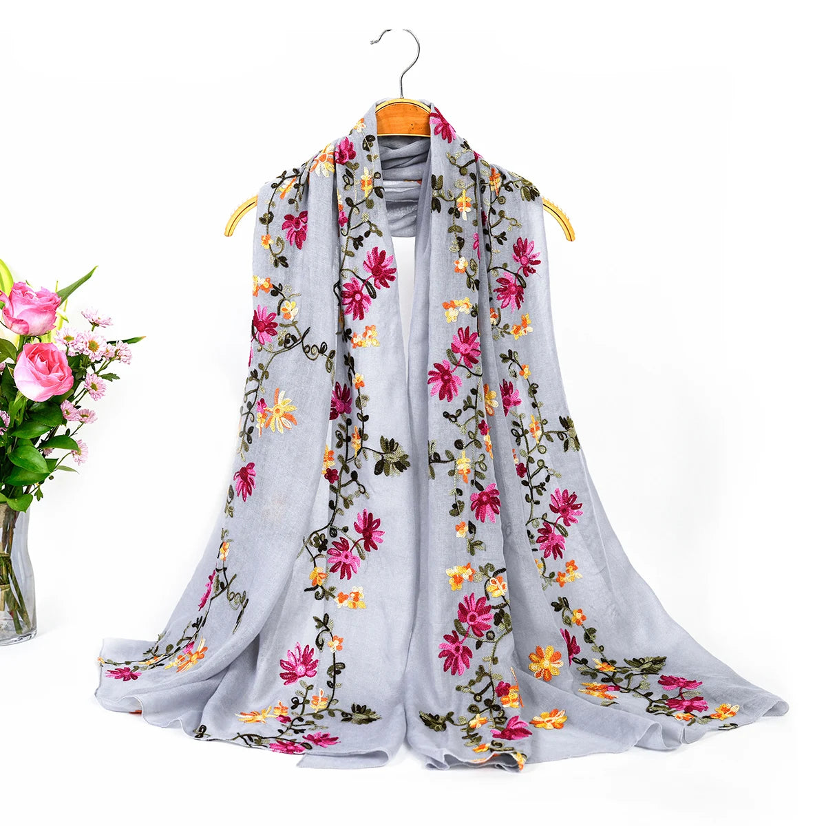 Women’s Cotton Linen Style Embroidered Scarf Shawl – Lightweight Floral Travel Wrap GRAY Bazaare Mart Silk Scarf