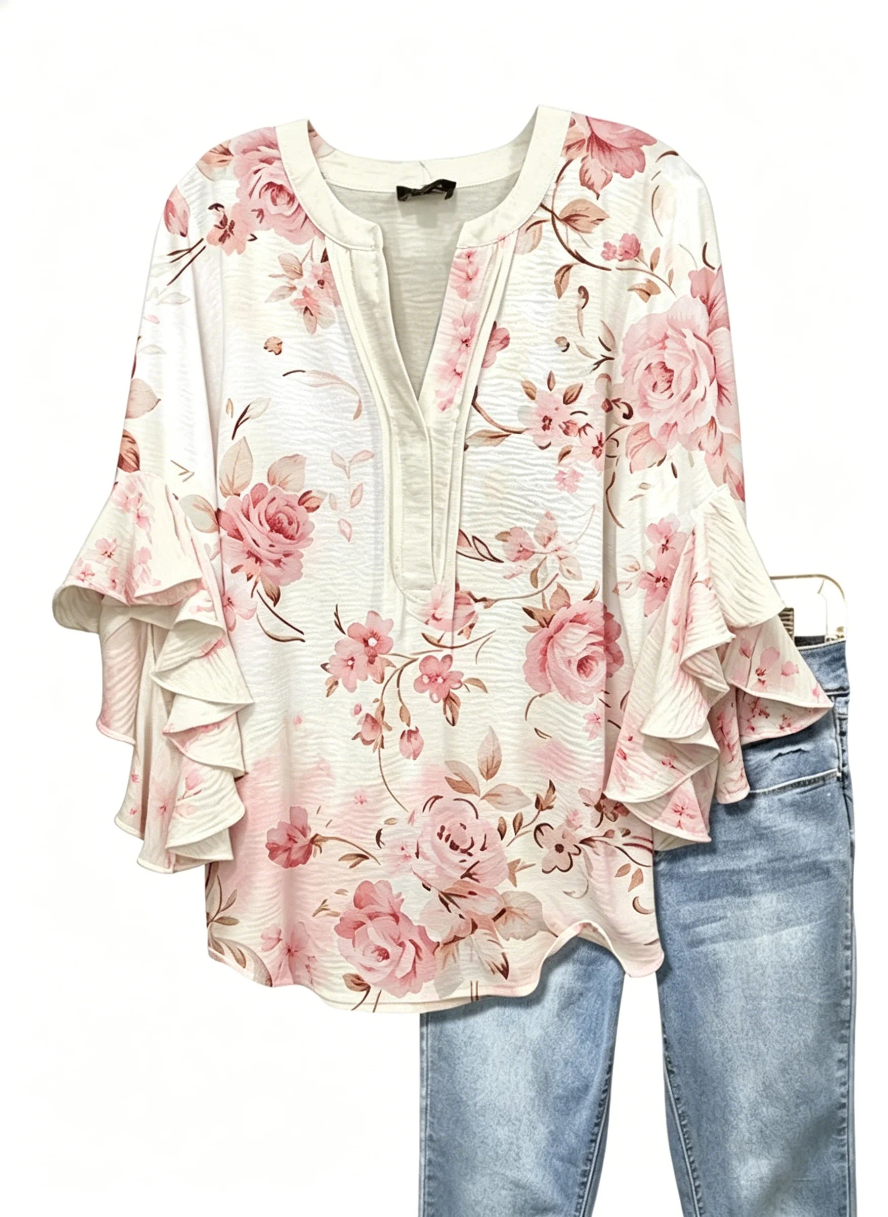 Women's Floral Ruffle Sleeve Blouse | Elegant V-Neck 3/4 Sleeve Top Pink Bazaare Mart Ruffle Sleeve Blouse