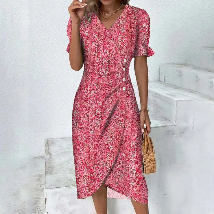 Elegant Printed Puff Sleeve V-neck Wrap Dress