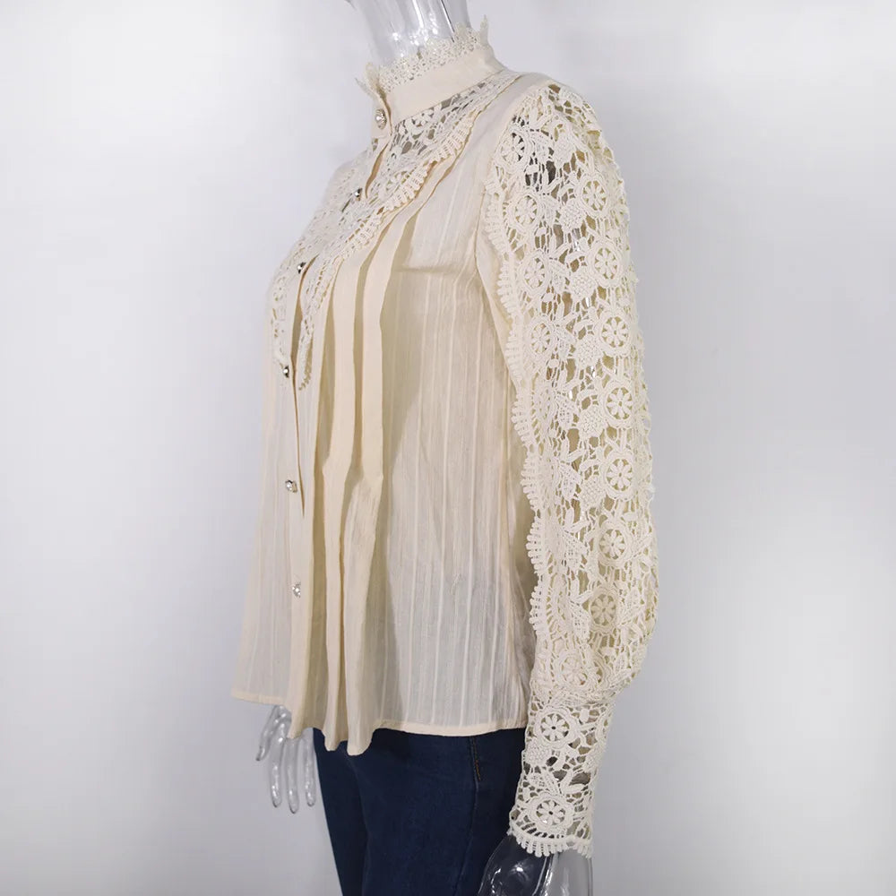 Vintage Lace Long Sleeve Pearl Button Blouse