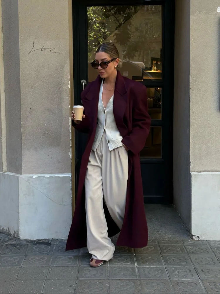 Burgundy Double Breasted Long Wool Overcoat