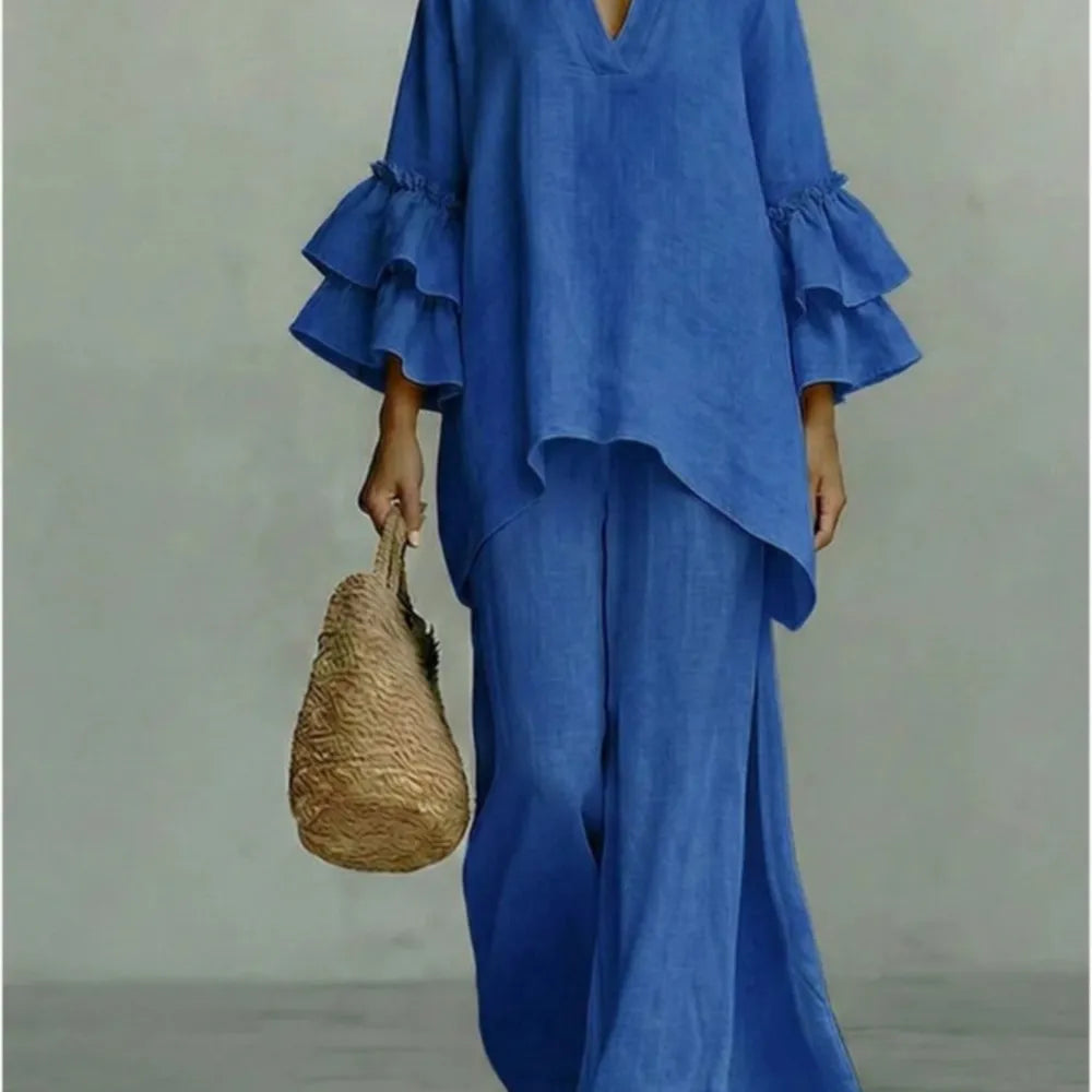 Women's 2-Piece Wide-Leg Pants Set with Ruffle Sleeves