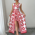 Boho Daisy Print 2-in-1 Jumpsuit – Sleeveless Maxi Overlay Vacation Romper