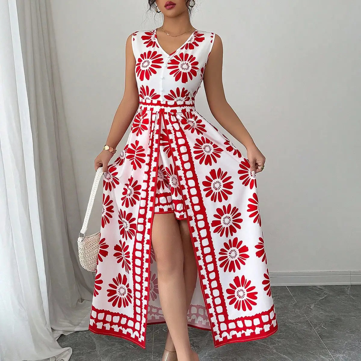 Boho Daisy Print 2-in-1 Jumpsuit – Sleeveless Maxi Overlay Vacation Romper