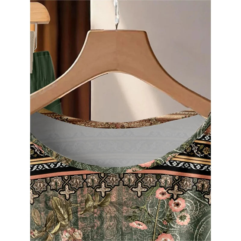 Dark Green Floral Print Twisted Top & Solid Wide Leg Pants Set