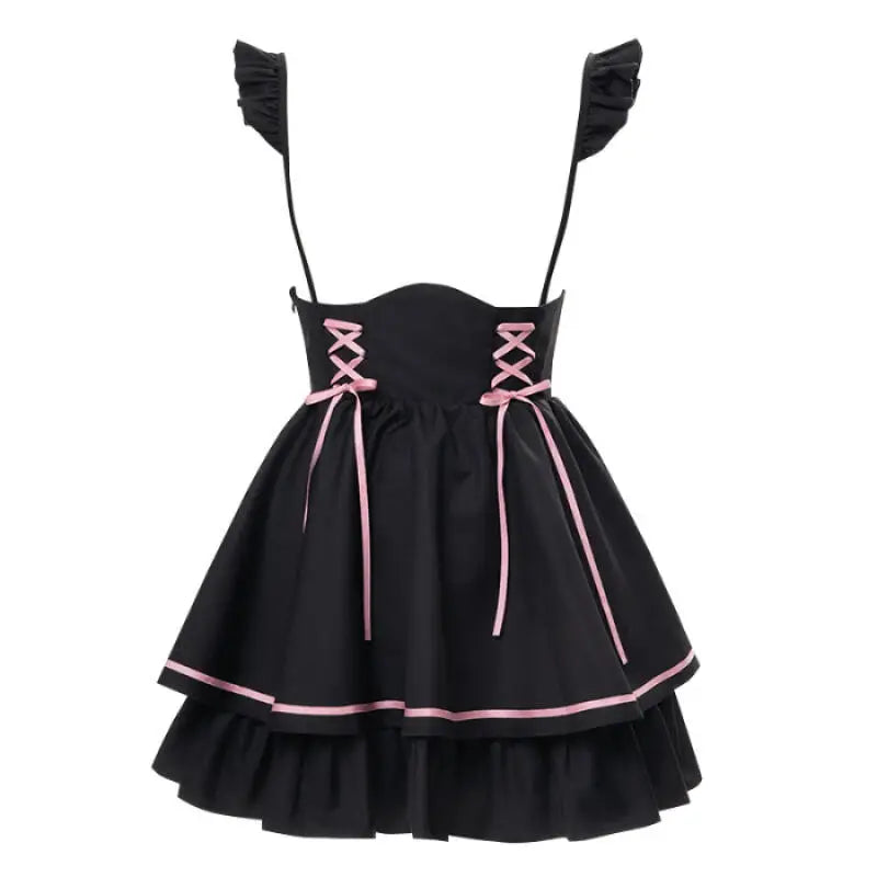 Jirai Kei 2 PCS Lolita Dress Set Pink Black Bow Ruffle Blouse Lace-up Skirt Japanese Japanese Harajuku Sweet Outfits for Women Bazaare Mart