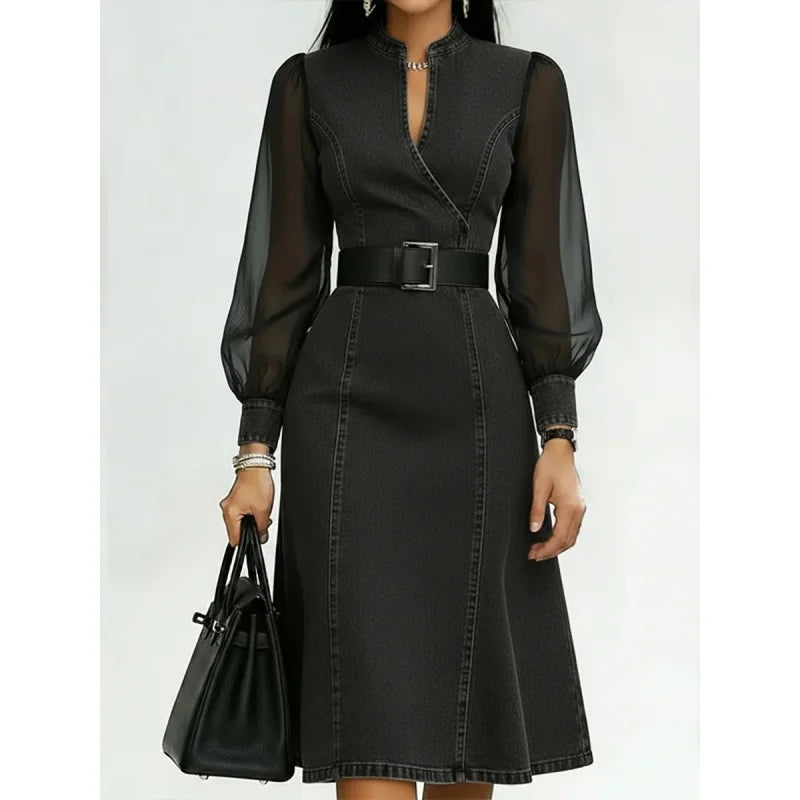 Sheer Long Sleeve V-Neck Slimming Denim Waist-Cinching with Belt Dress