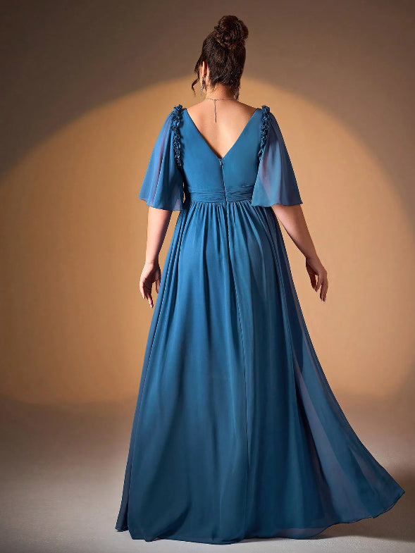 Back of Blue Ruffled Flutter Sleeve Pleated Zip V-Back Pearl Chiffon Evening Gown