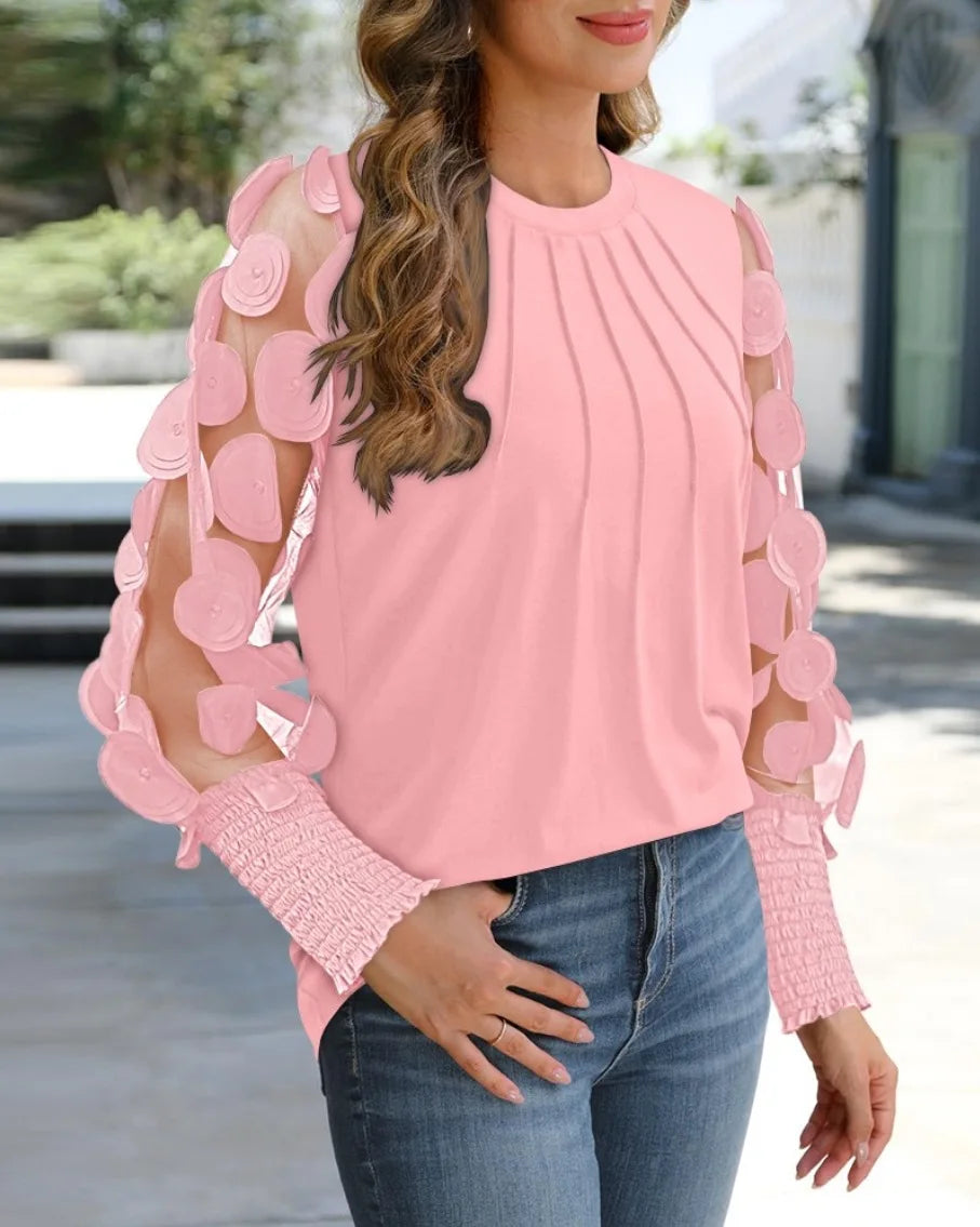 Women's Pleated Blouse with 3D Floral Mesh Sleeve