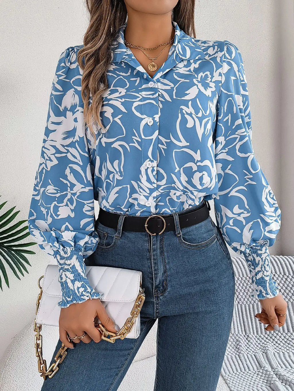 Floral Long Lantern Sleeve Flip Collar Blouse