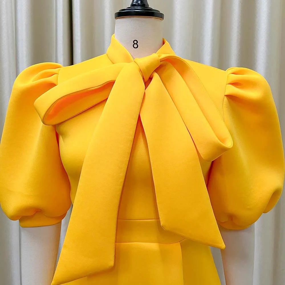 Elegant Solid Color Bow Short Puff Sleeve Full Skirt Midi Dress