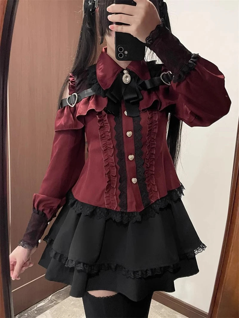 Jirai kei Shirt JK Skirt Japanese Style Lolita Y2K Sweet School Uniform Blouse Top Dress Darkness Outfit Women Girls Theme Party Bazaare Mart