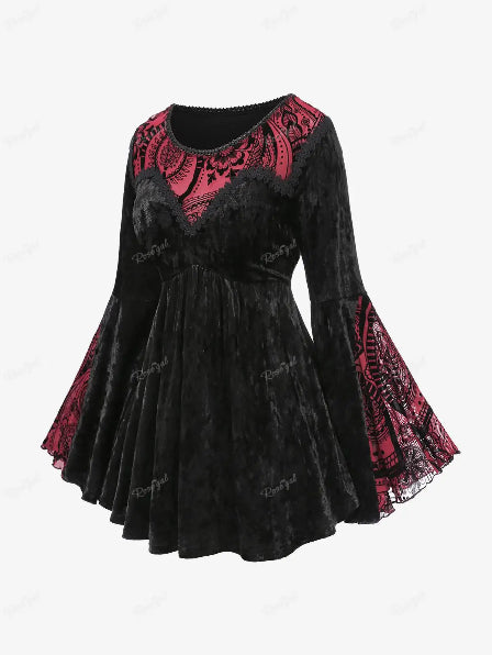 Black Velvet Red Paisley Lace Trim Long Flare Sleeve Top Bazaare Mart Red & Black Gothic Blouse