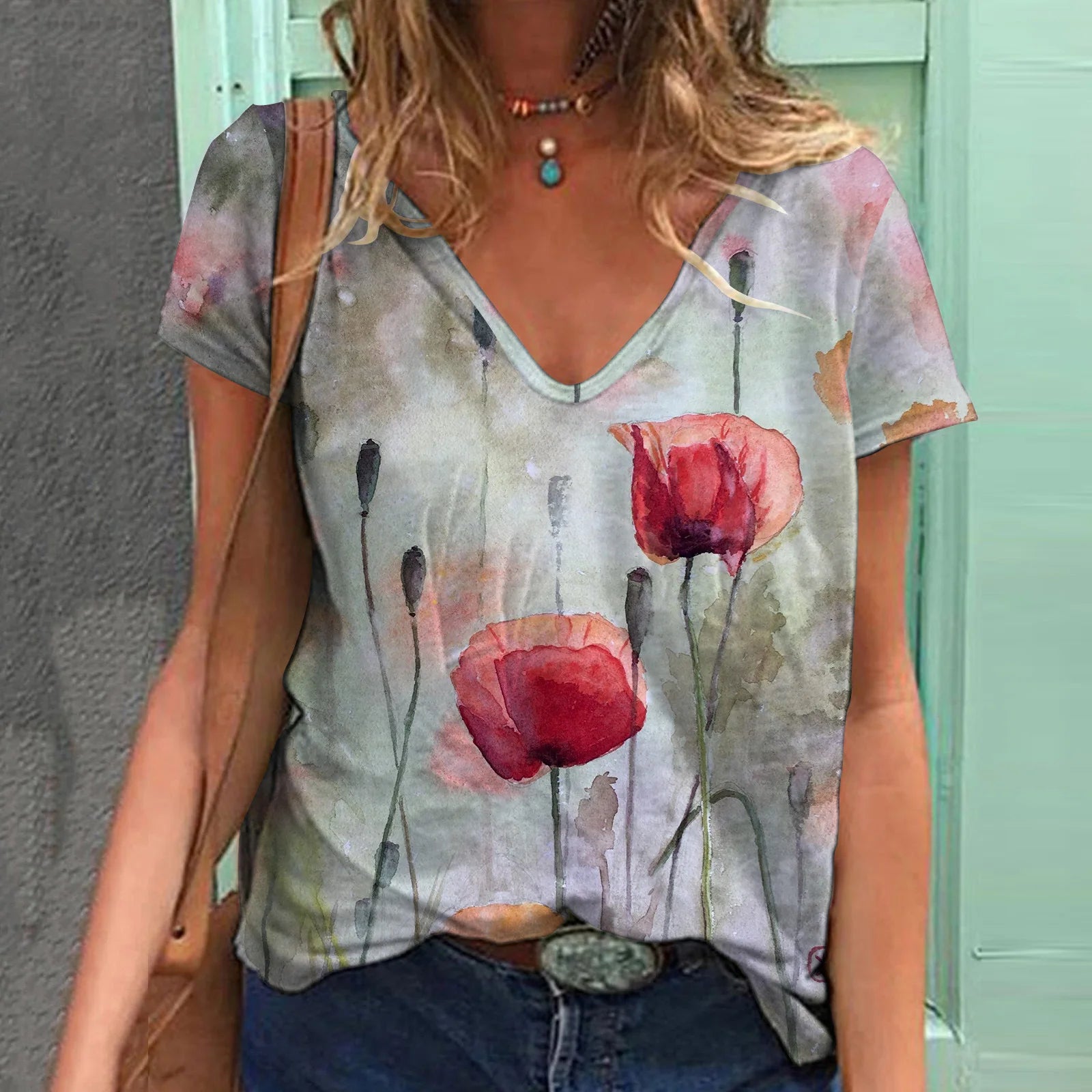 Floral Print V-Neck T-Shirts Bazaare Mart Floral V-Neck Tee