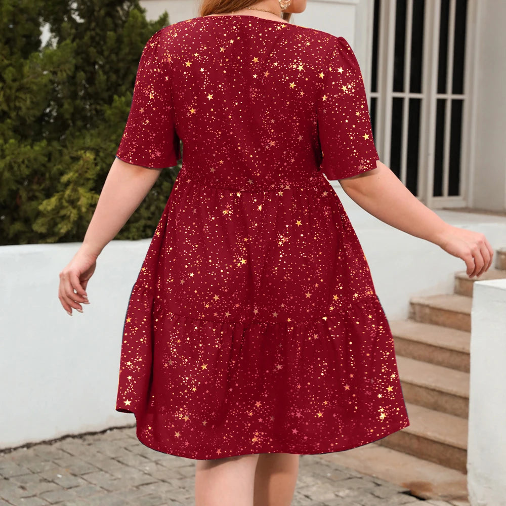 Square Neck Celestial Short Flutter Sleeve Knee-Length Dress