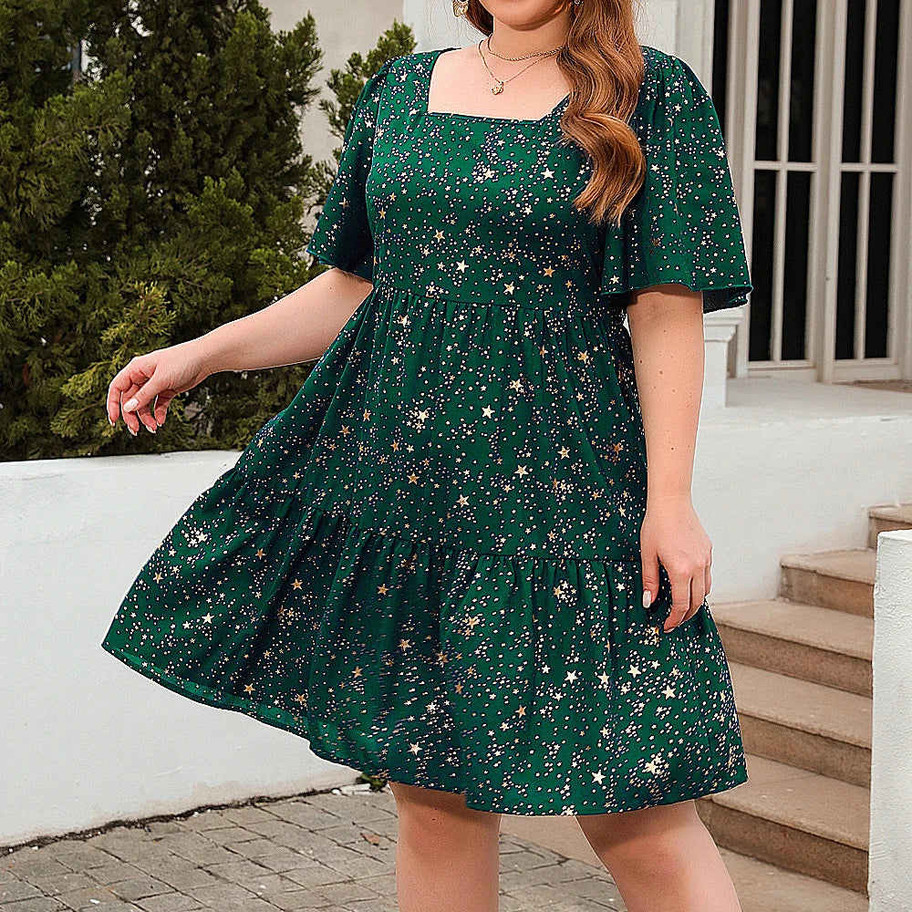 Square Neck Celestial Short Flutter Sleeve Knee-Length Dress